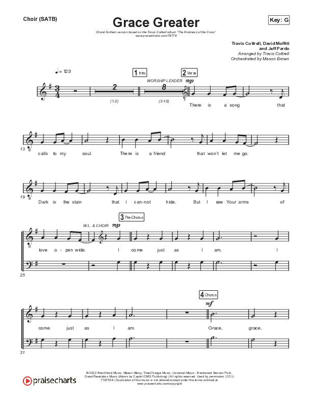 Grace Greater (Choral Anthem SATB) Choir Sheet (SATB) (Travis Cottrell / Arr. Travis Cottrell)