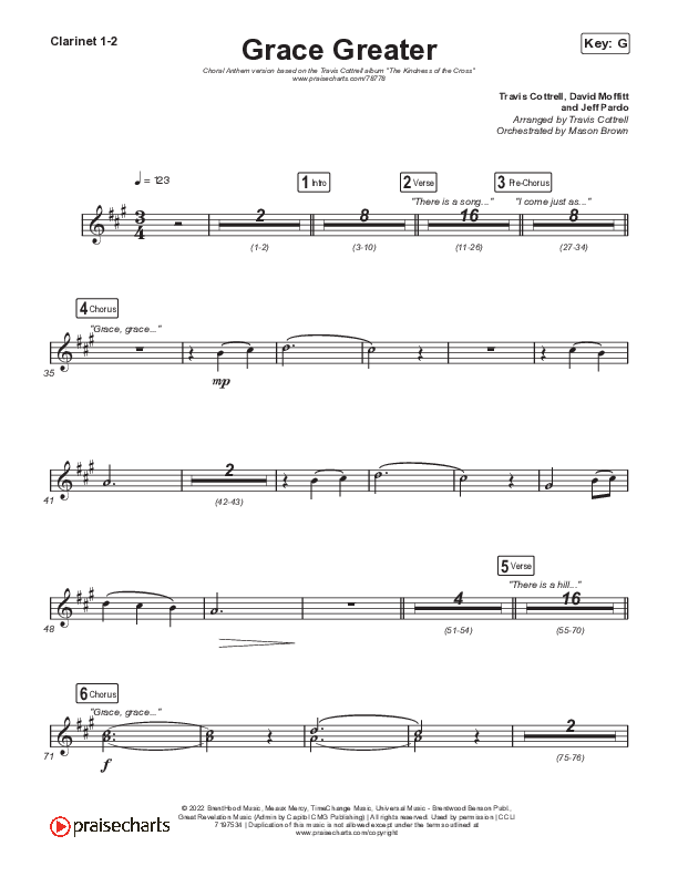 Grace Greater (Choral Anthem SATB) Clarinet 1/2 (Travis Cottrell / Arr. Travis Cottrell)