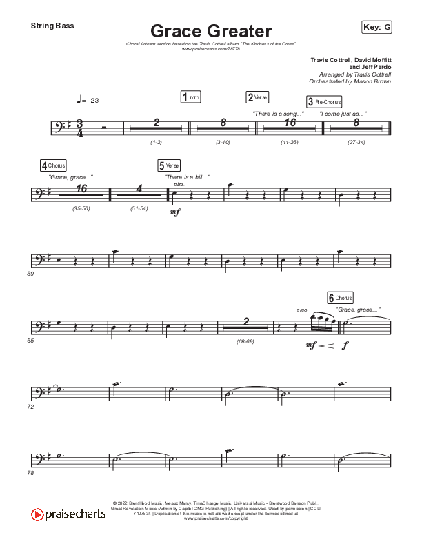 Grace Greater (Choral Anthem SATB) String Bass (Travis Cottrell / Arr. Travis Cottrell)