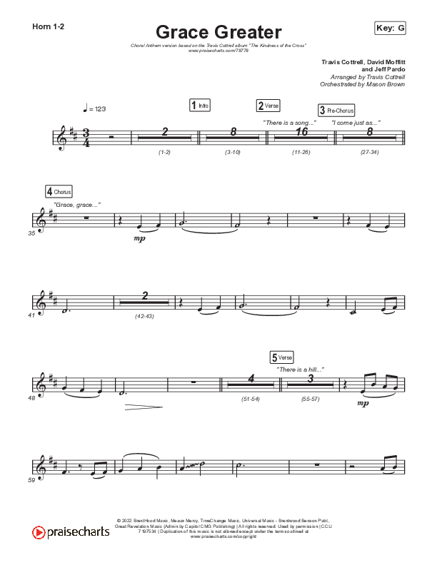 Grace Greater (Choral Anthem SATB) French Horn 1,2 (Travis Cottrell / Arr. Travis Cottrell)