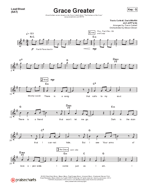 Grace Greater (Choral Anthem SATB) Lead Sheet (SAT) (Travis Cottrell / Arr. Travis Cottrell)