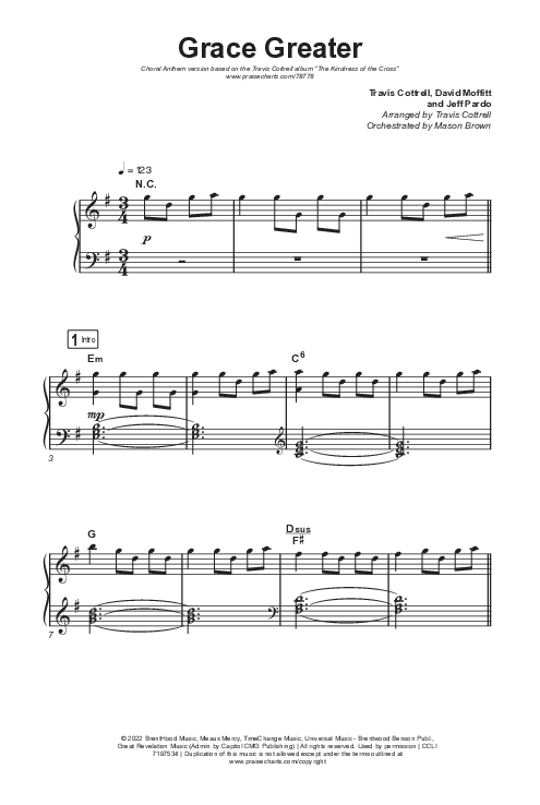 Grace Greater (Choral Anthem SATB) Octavo (SATB & Pno) (Travis Cottrell / Arr. Travis Cottrell)