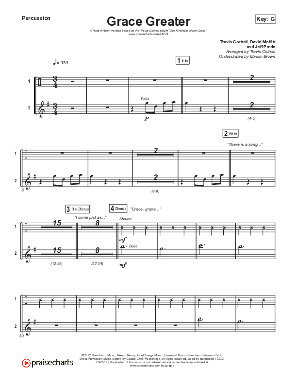 Grace Greater (Choral Anthem SATB) Percussion (Travis Cottrell / Arr. Travis Cottrell)