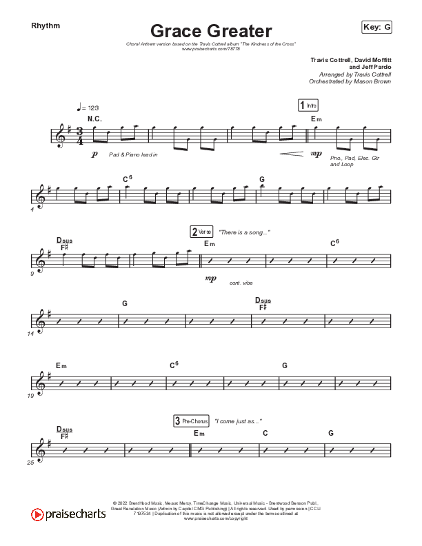 Grace Greater (Choral Anthem SATB) Rhythm Chart (Travis Cottrell / Arr. Travis Cottrell)