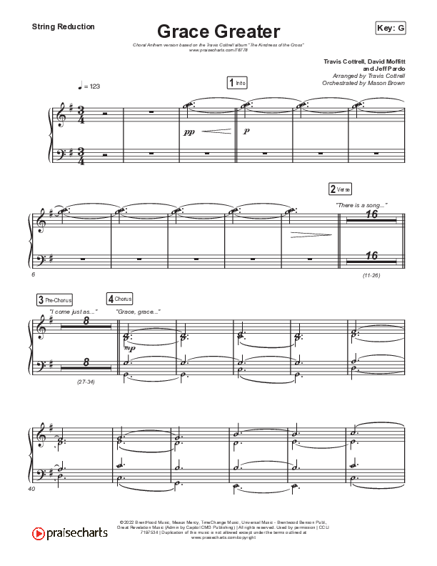 Grace Greater (Choral Anthem SATB) String Reduction (Travis Cottrell / Arr. Travis Cottrell)