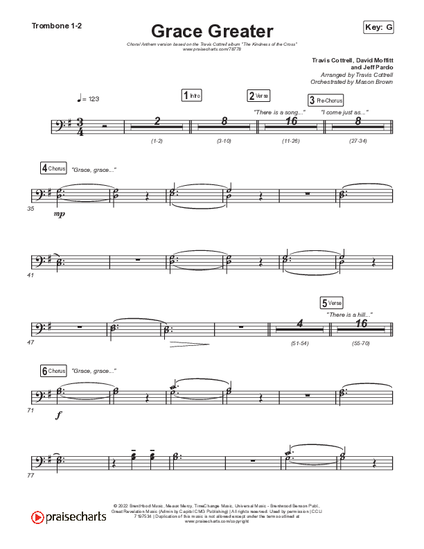 Grace Greater (Choral Anthem SATB) Trombone 1,2 (Travis Cottrell / Arr. Travis Cottrell)