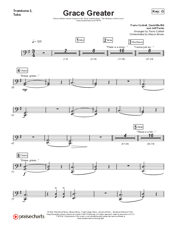 Grace Greater (Choral Anthem SATB) Trombone 3/Tuba (Travis Cottrell / Arr. Travis Cottrell)