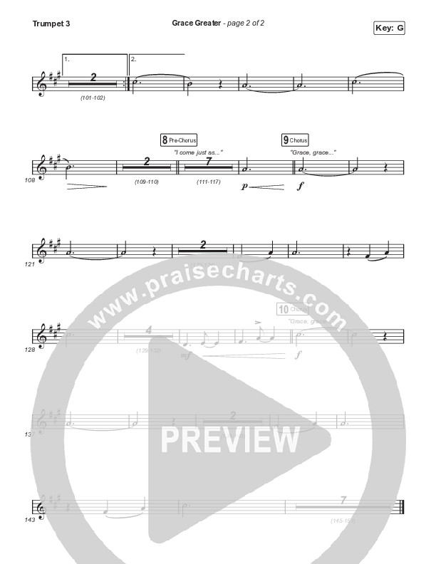 Grace Greater (Choral Anthem SATB) Trumpet 3 (Travis Cottrell / Arr. Travis Cottrell)
