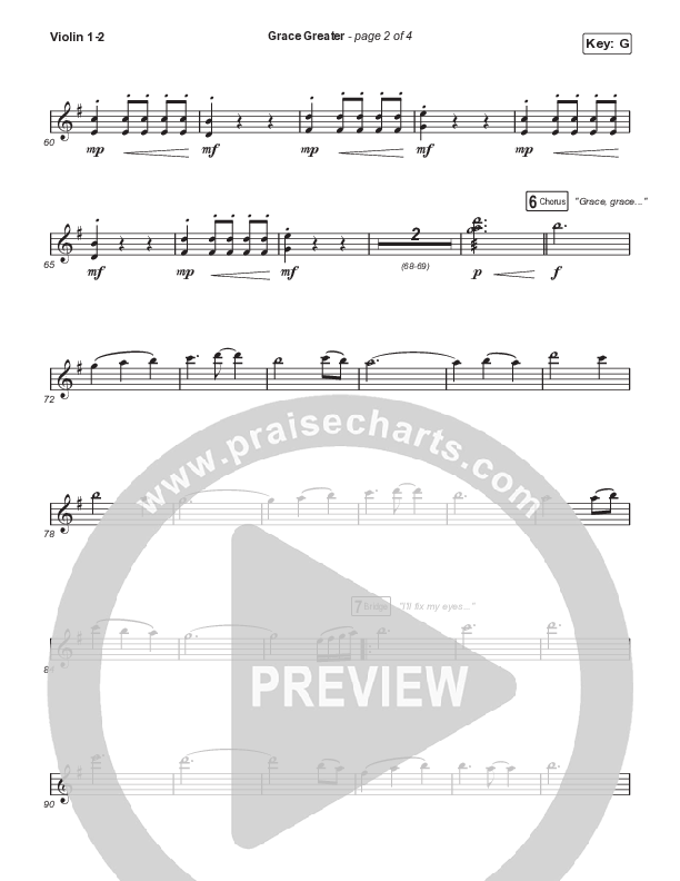 Grace Greater (Choral Anthem SATB) Violin 1,2 (Travis Cottrell / Arr. Travis Cottrell)
