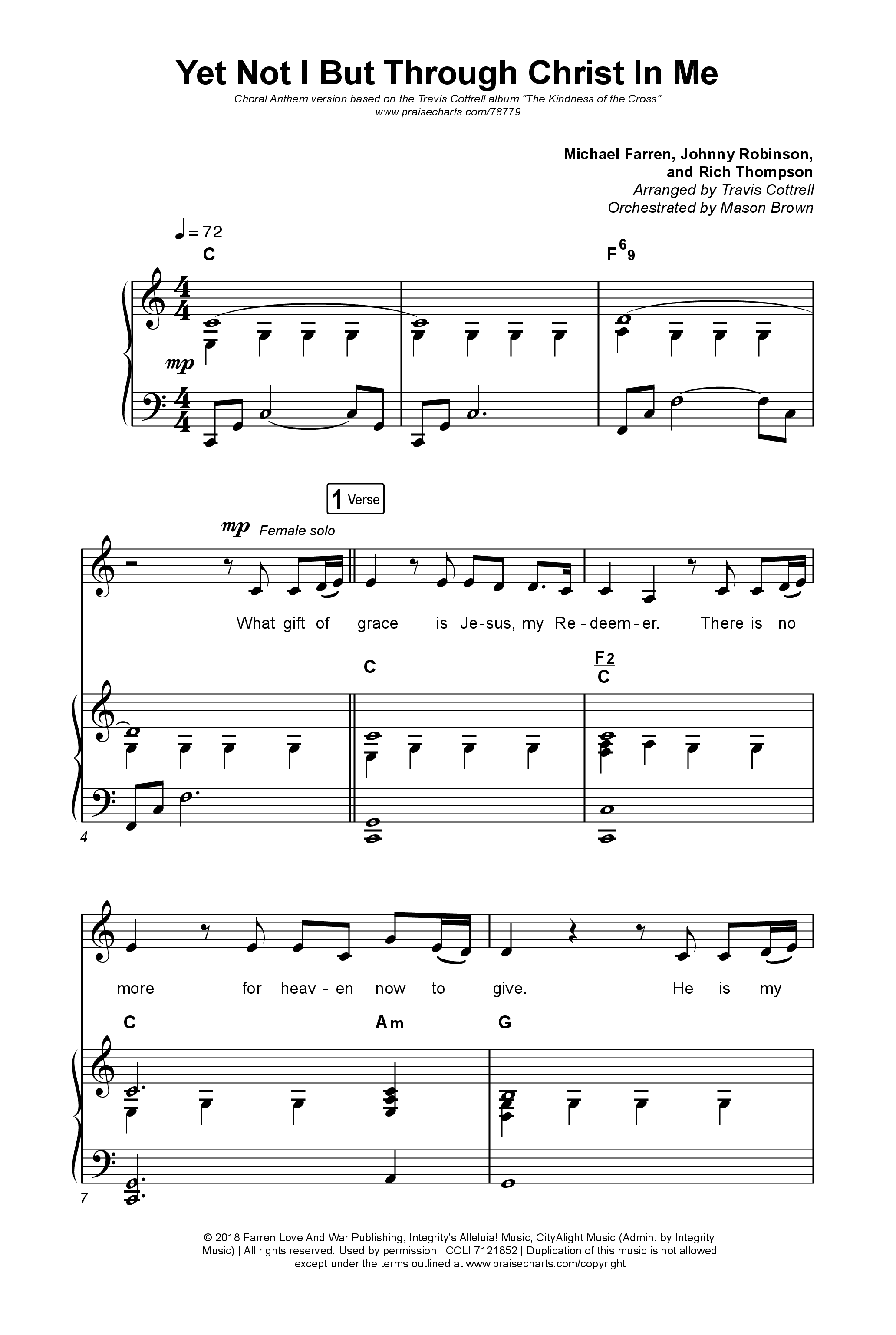 Yet Not I But Through Christ In Me (Choral Anthem SATB) Octavo (SATB & Pno) (Travis Cottrell / Lily Cottrell / Arr. Travis Cottrell)