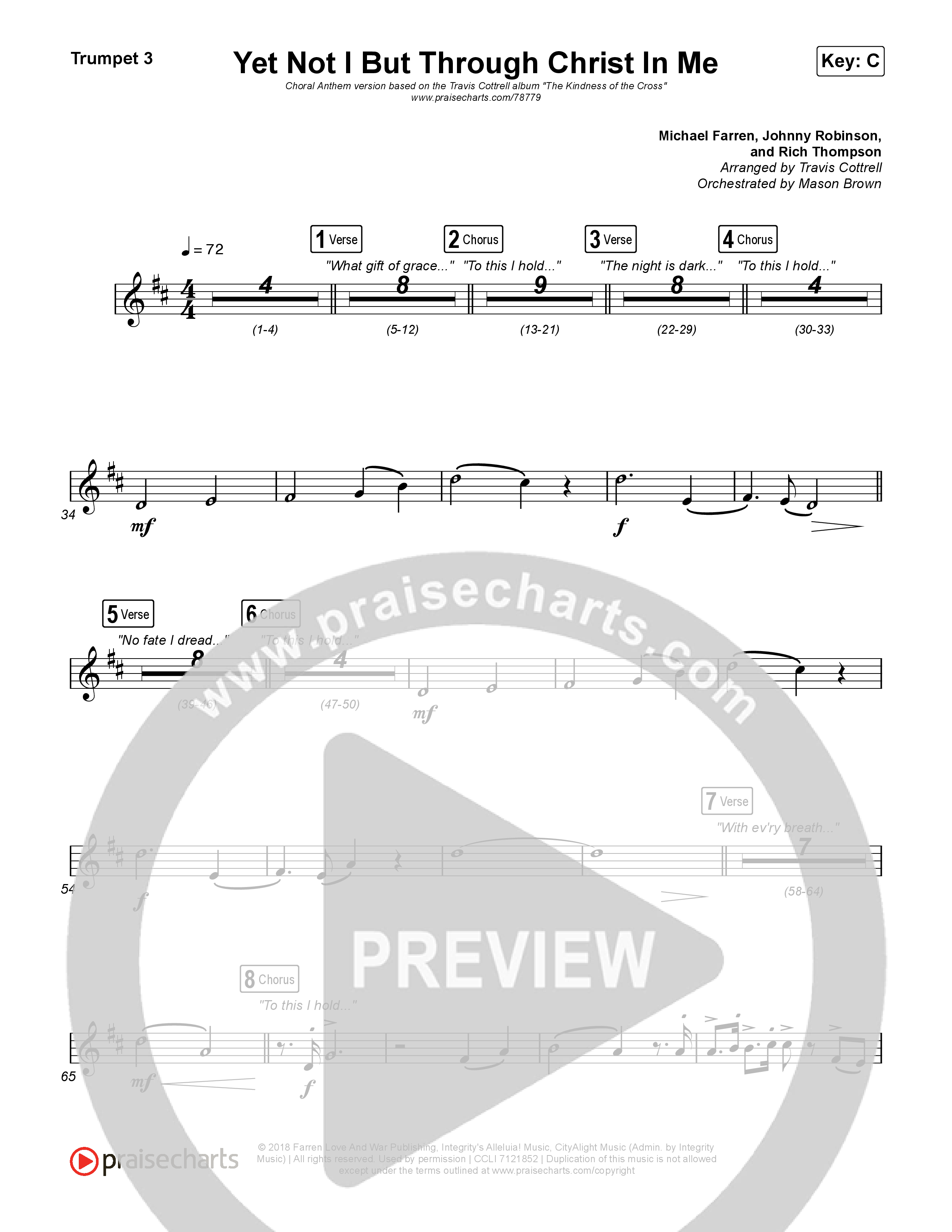 Yet Not I But Through Christ In Me (Choral Anthem SATB) Trumpet 3 (Travis Cottrell / Lily Cottrell / Arr. Travis Cottrell)