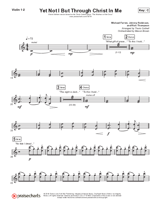 Yet Not I But Through Christ In Me (Choral Anthem SATB) Violin 1,2 (Travis Cottrell / Lily Cottrell / Arr. Travis Cottrell)