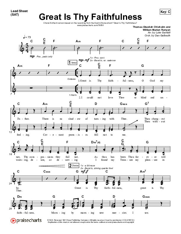 Great Is Thy Faithfulness (Choral Anthem SATB) Lead Sheet (SAT) (Austin Stone Worship / Arr. Luke Gambill)