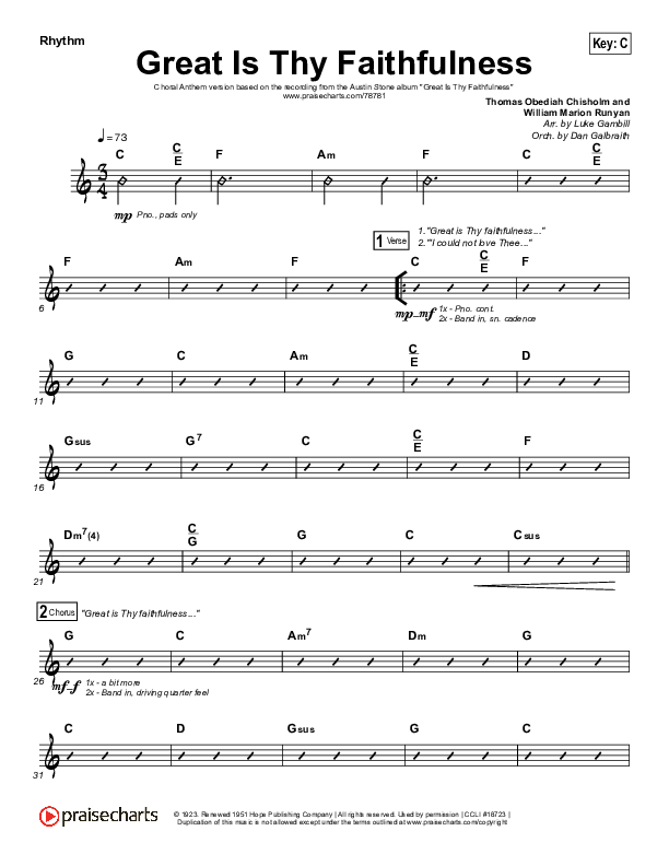 Great Is Thy Faithfulness (Choral Anthem SATB) Rhythm Chart (Austin Stone Worship / Arr. Luke Gambill)