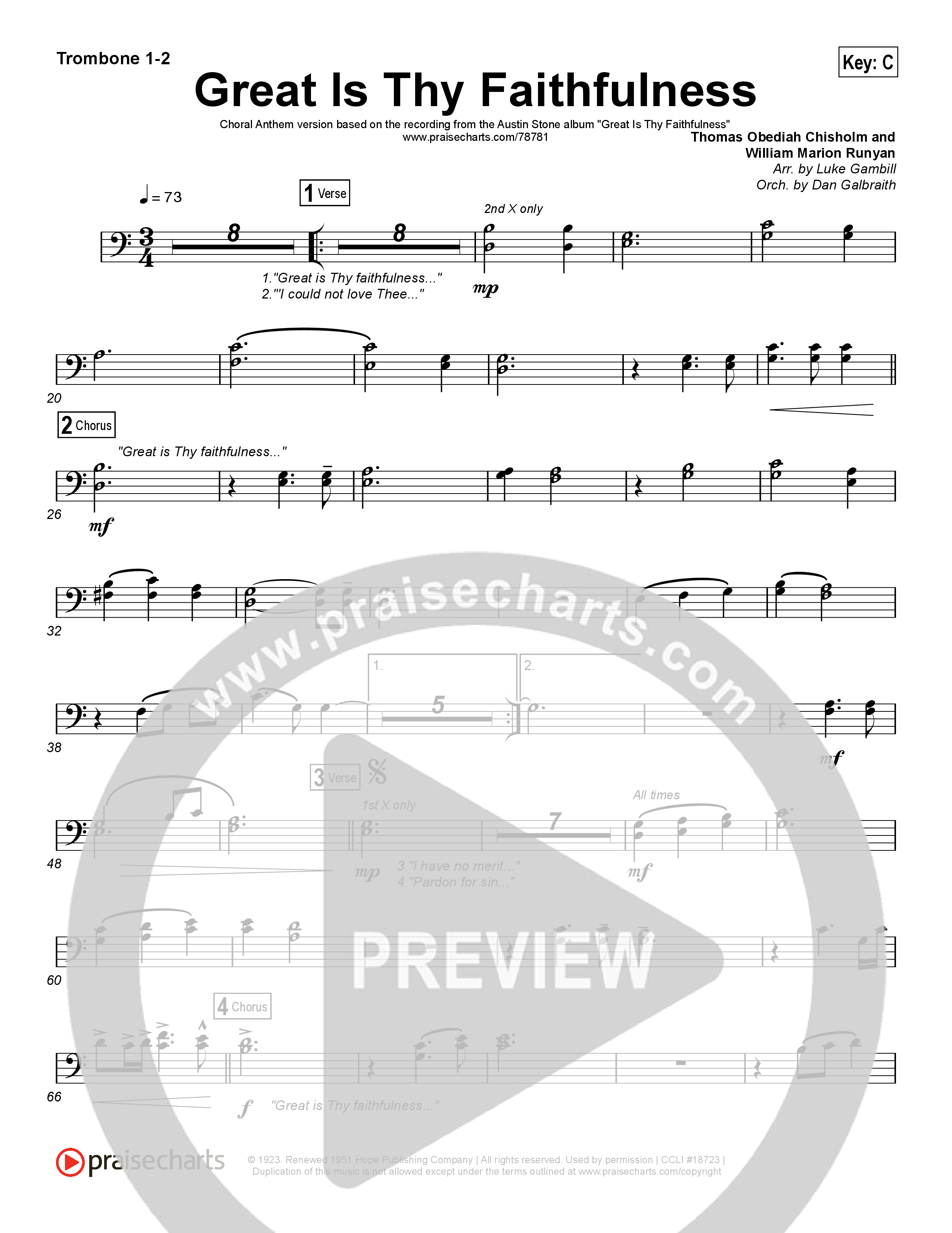 Great Is Thy Faithfulness (Choral Anthem SATB) Trombone 1,2 (Austin Stone Worship / Arr. Luke Gambill)