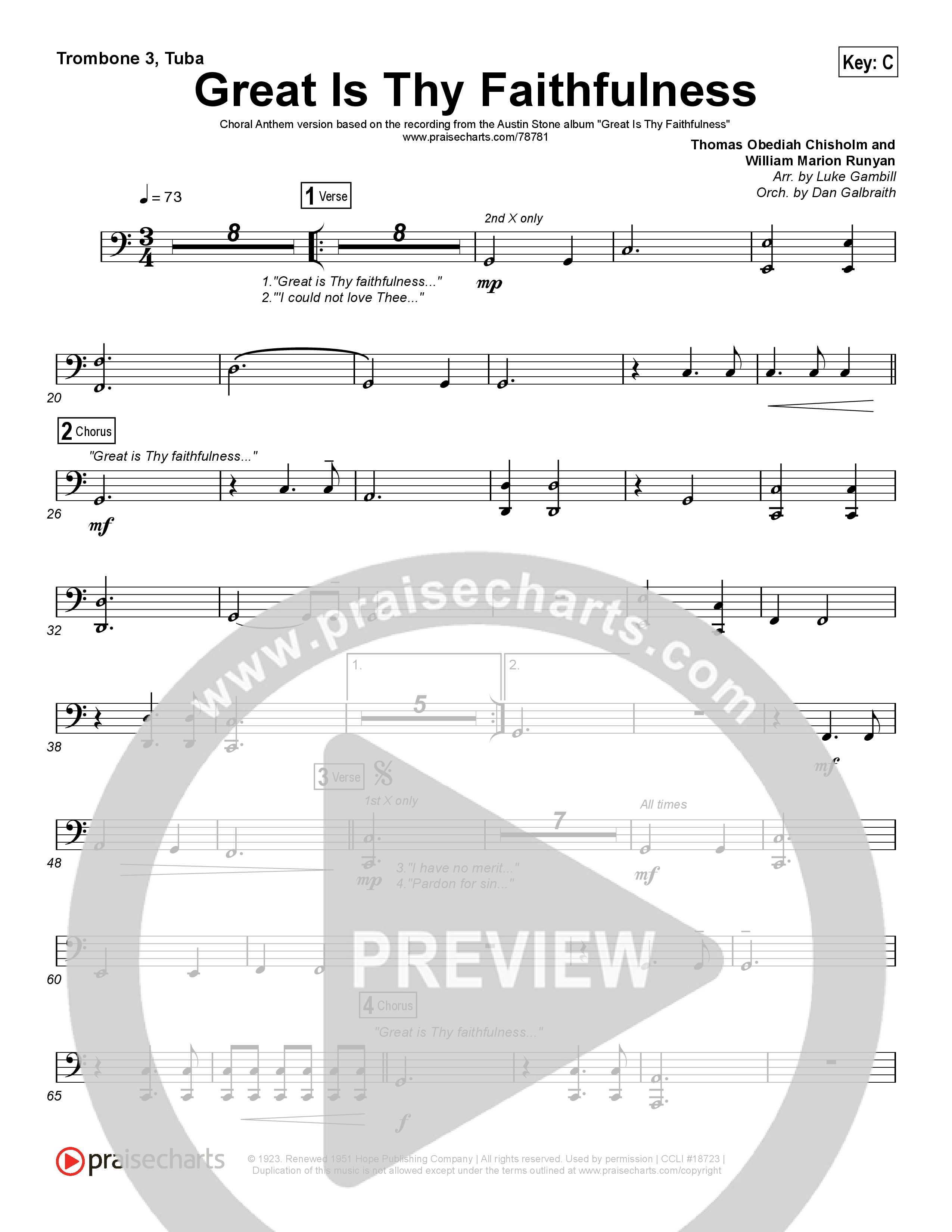 Great Is Thy Faithfulness (Choral Anthem SATB) Trombone 1,2 (Austin Stone Worship / Arr. Luke Gambill)