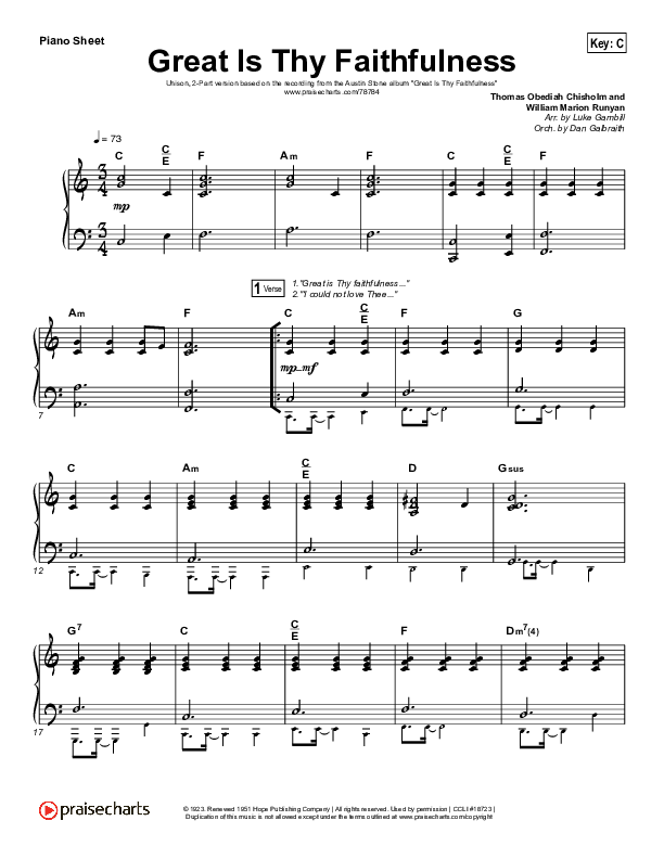 Great Is Thy Faithfulness (Unison/2-Part Choir) Piano Sheet (Austin Stone Worship / Arr. Luke Gambill)