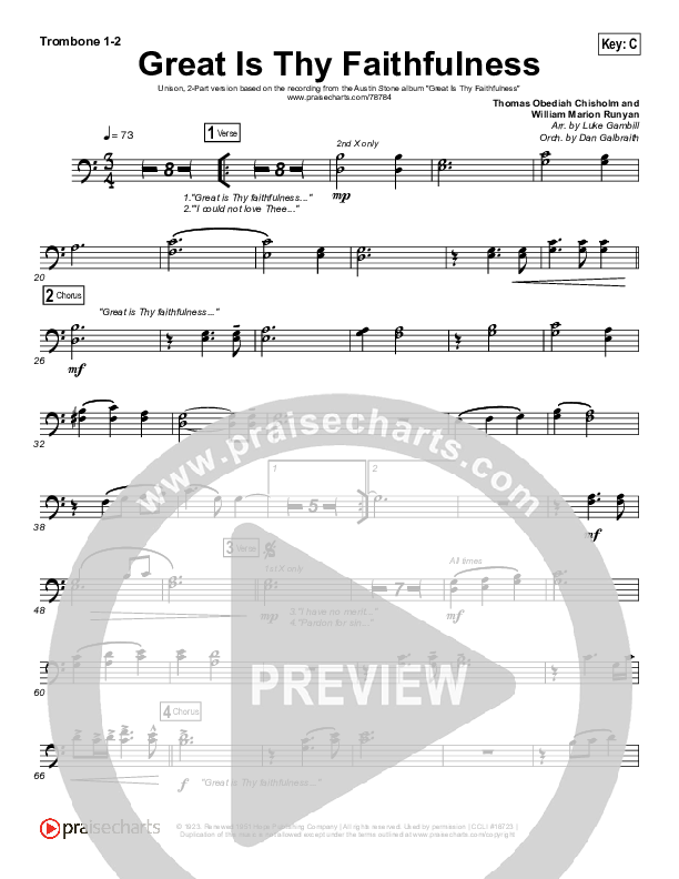 Great Is Thy Faithfulness (Unison/2-Part Choir) Trombone 1/2 (Austin Stone Worship / Arr. Luke Gambill)