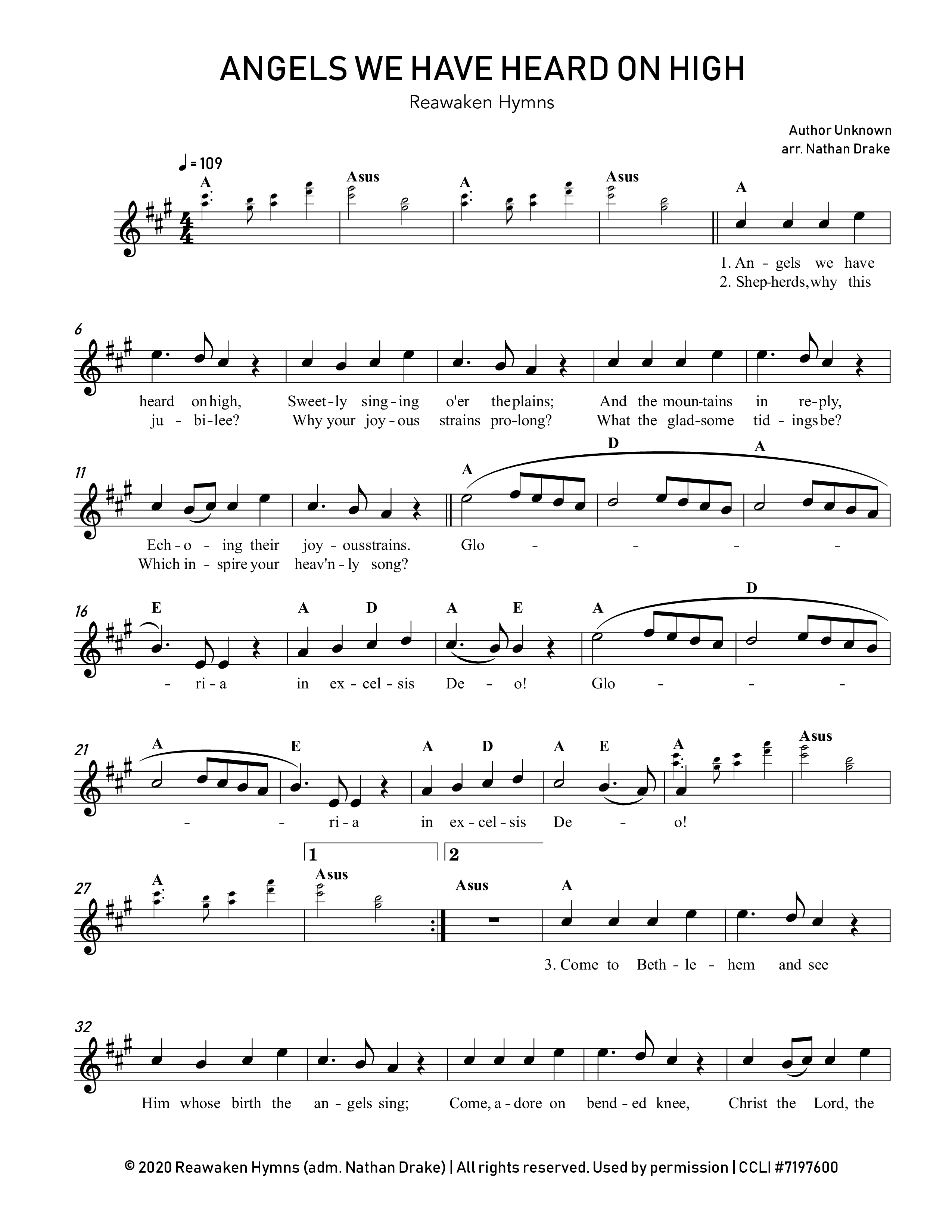 Angels We Have Heard On High Lead Sheet Melody (Reawaken Hymns)