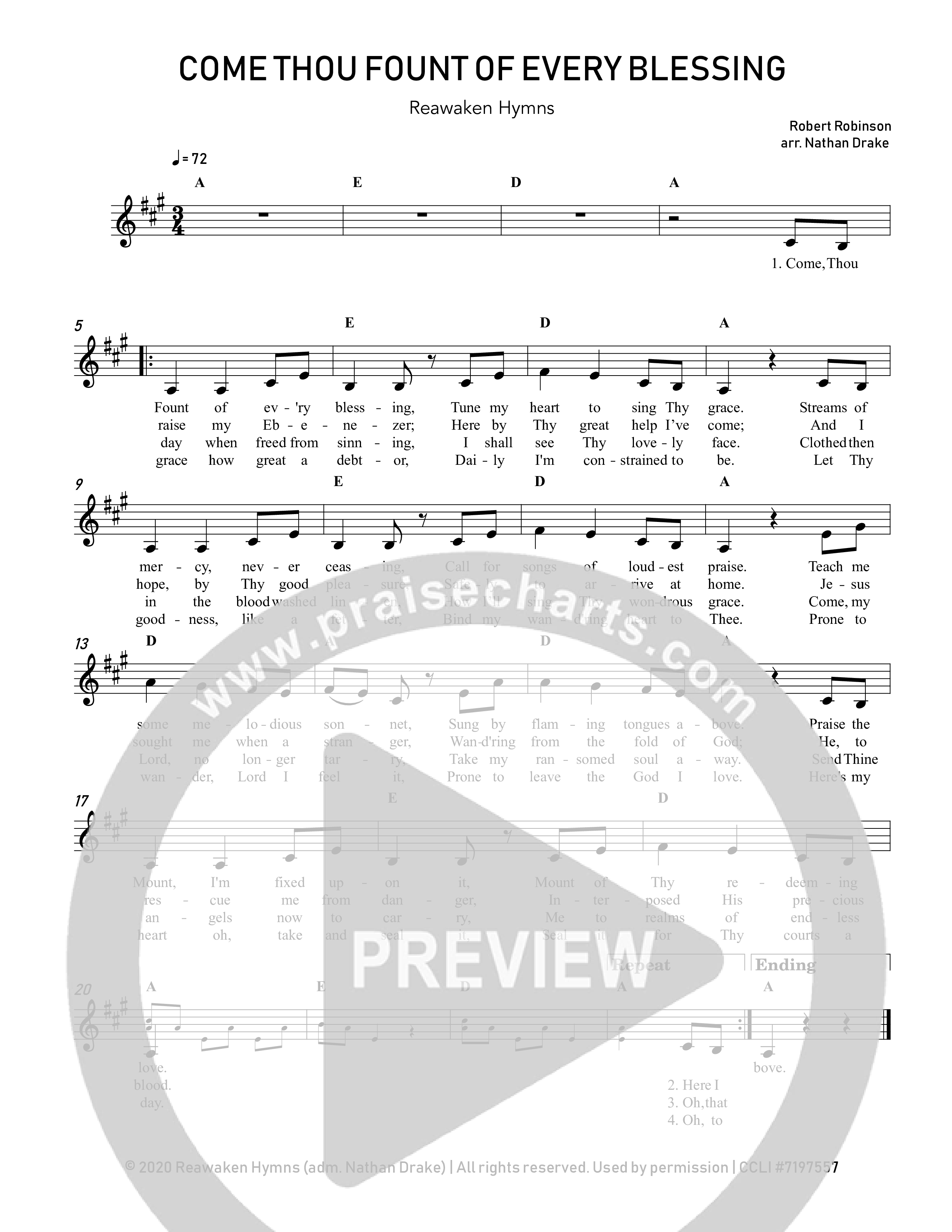 Come Thou Fount Of Every Blessing Lead Sheet Melody (Reawaken Hymns)