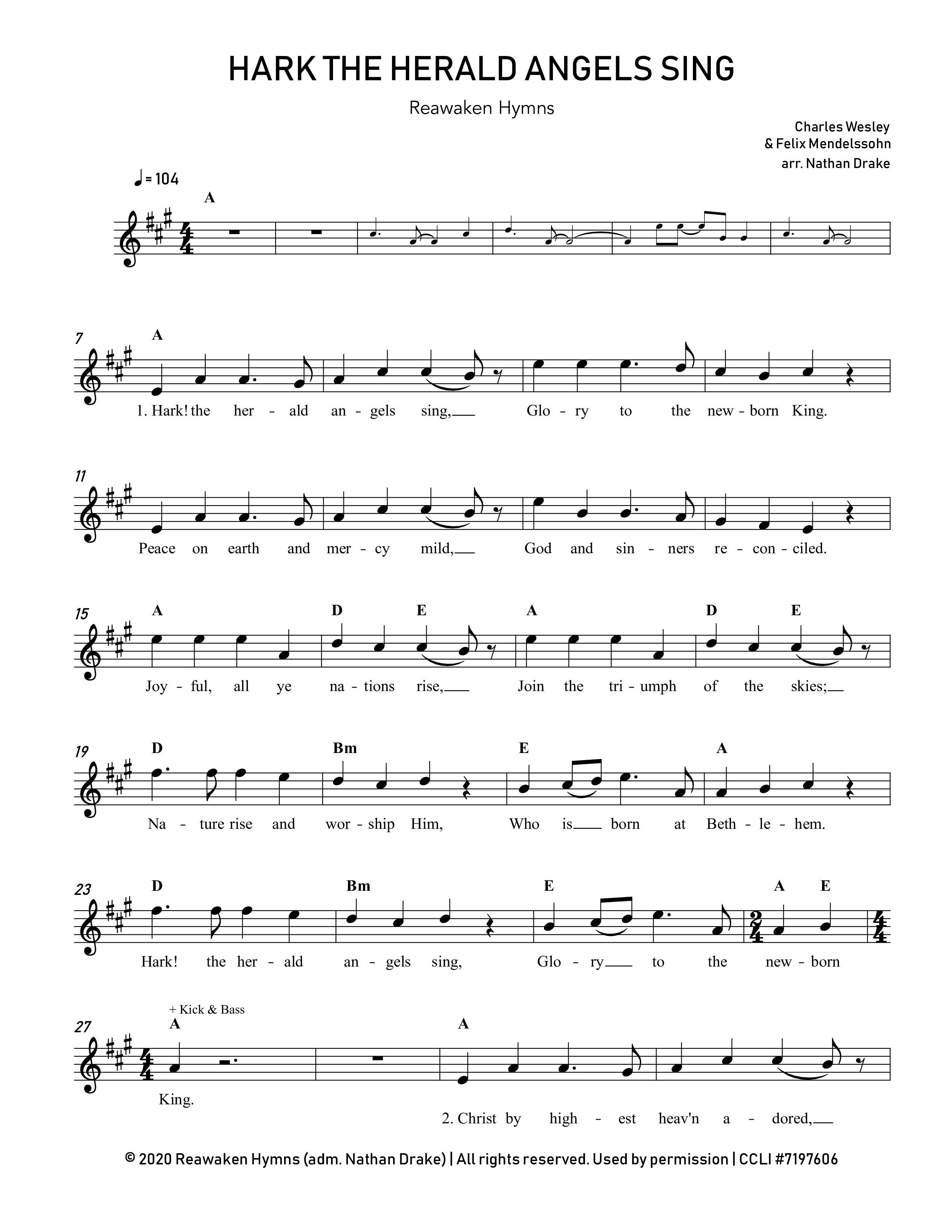 Hark The Herald Angels Sing Lead Sheet Melody (Reawaken Hymns)