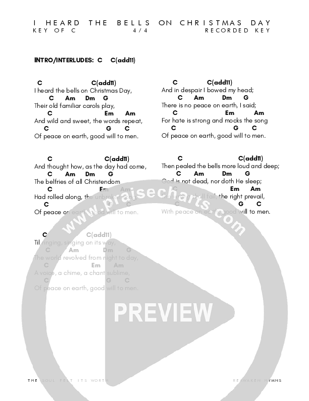 I Heard The Bells On Christmas Day Chord Chart (Reawaken Hymns)