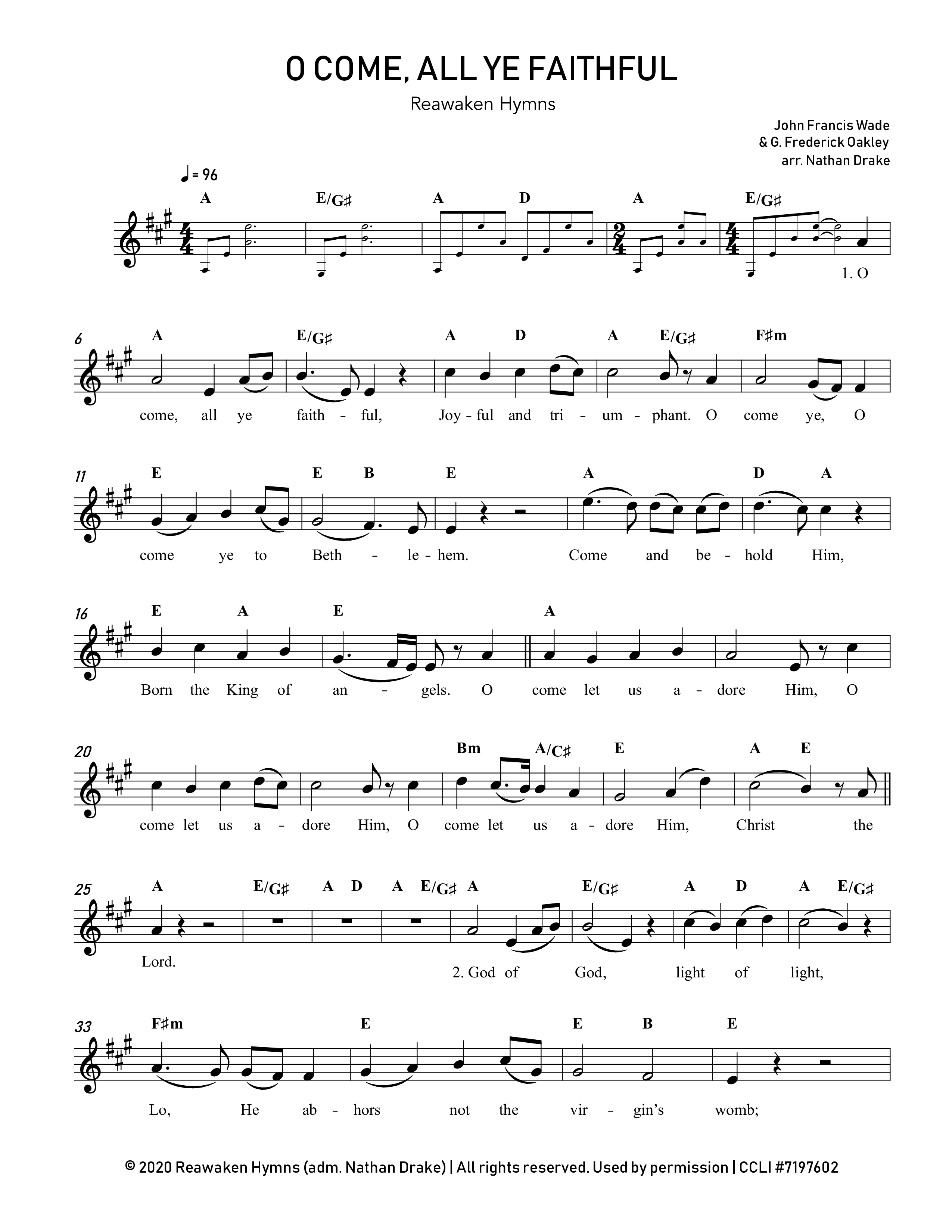 O Come All Ye Faithful Lead Sheet Melody (Reawaken Hymns)