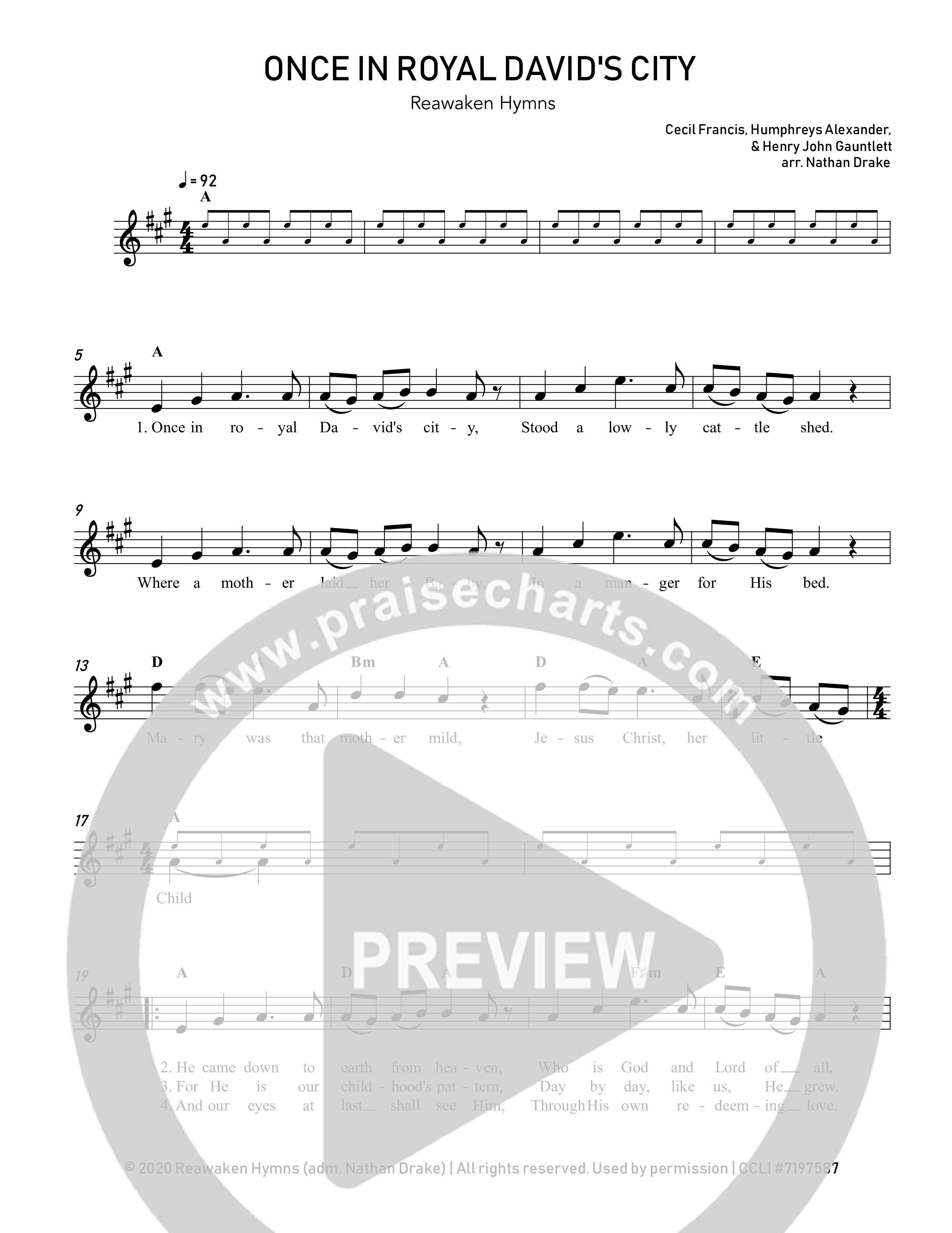 Once In Royal David's City Lead Sheet Melody (Reawaken Hymns)