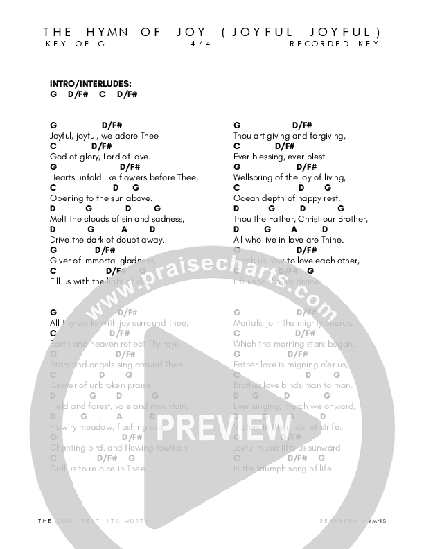 The Hymn Of Joy (Joyful Joyful) Chord Chart (Reawaken Hymns)