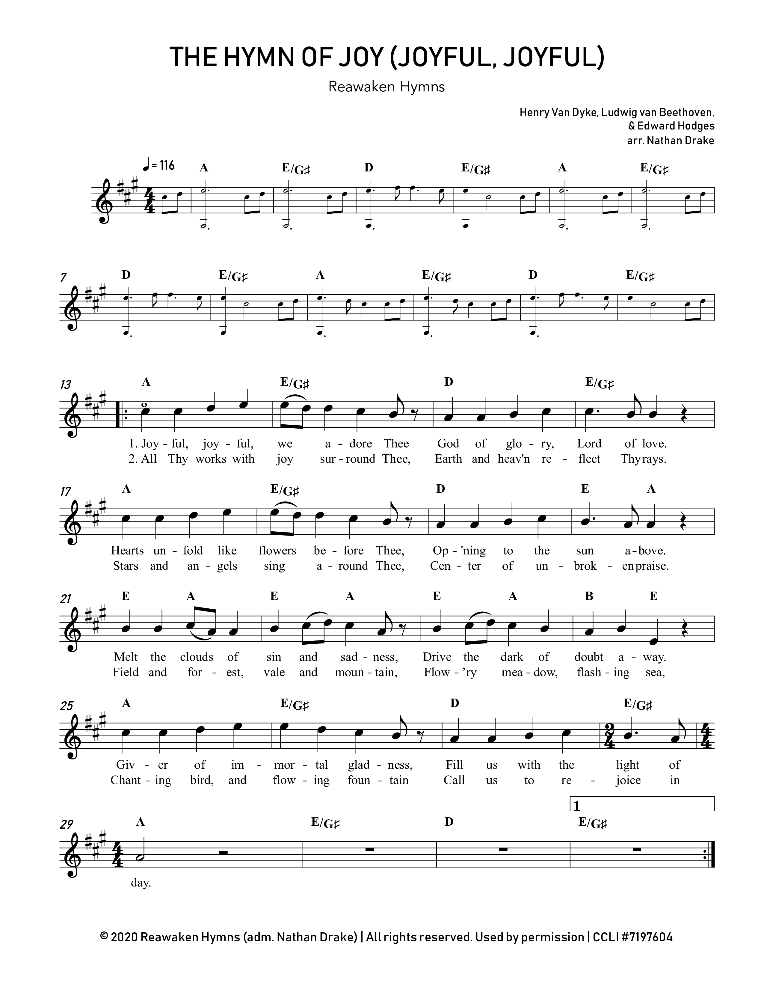 The Hymn Of Joy (Joyful Joyful) Lead Sheet Melody (Reawaken Hymns)