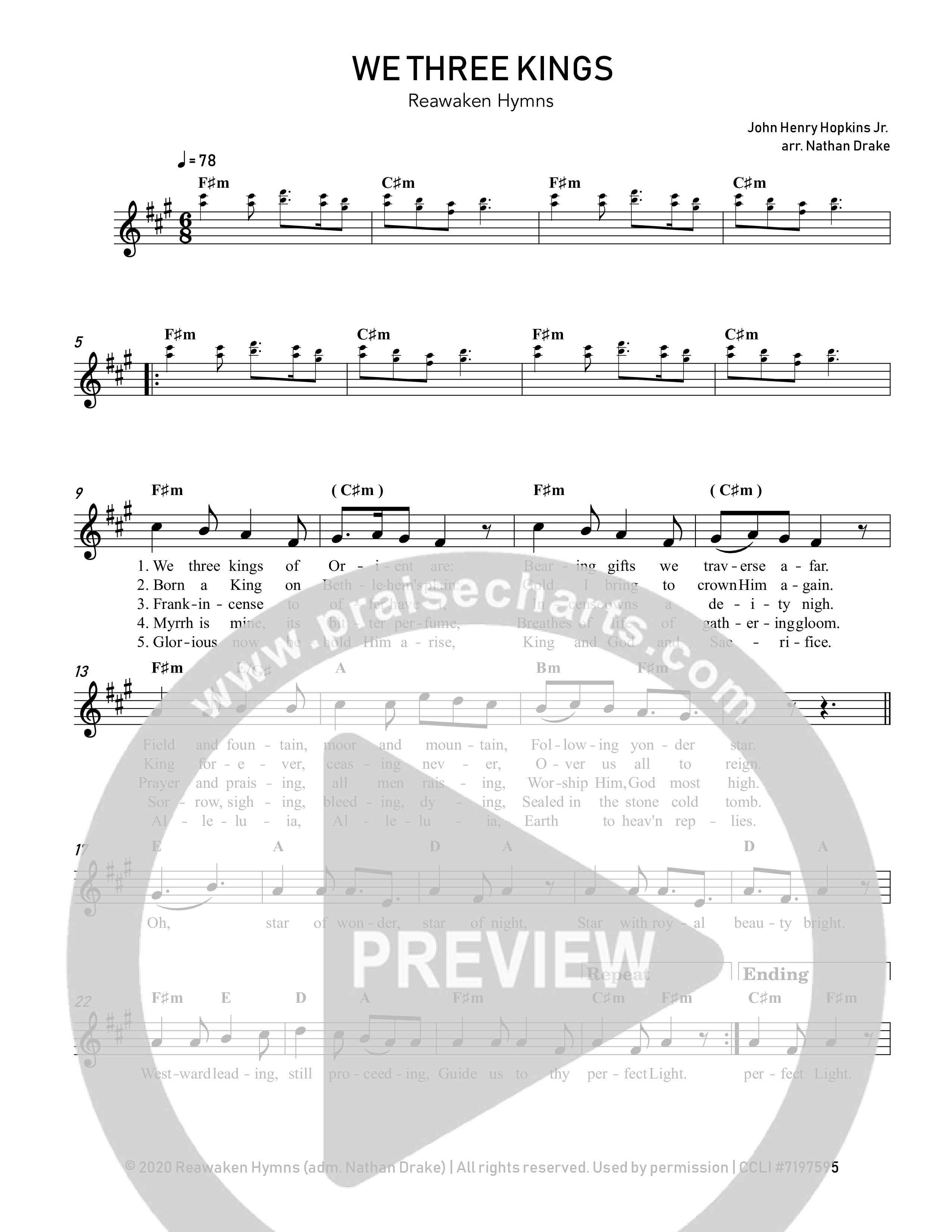 We Three Kings Lead Sheet Melody (Reawaken Hymns)