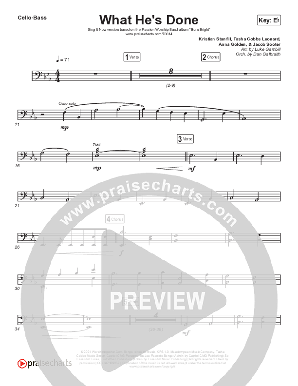 What He's Done (Sing It Now SATB) Cello/Bass (Passion / Kristian Stanfill / Tasha Cobbs Leonard / Anna Golden / Arr. Luke Gambill)