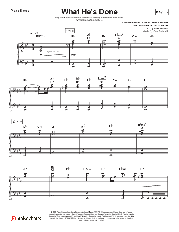 What He's Done (Sing It Now SATB) Piano Sheet (Passion / Kristian Stanfill / Tasha Cobbs Leonard / Anna Golden / Arr. Luke Gambill)