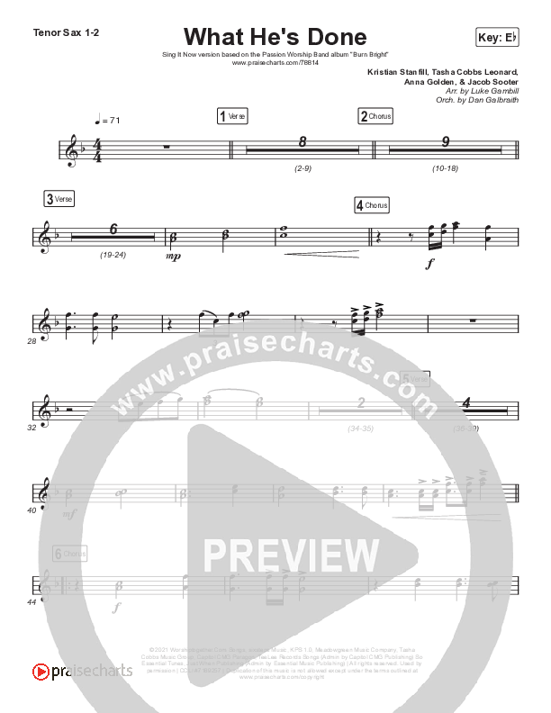 What He's Done (Sing It Now SATB) Tenor Sax 1/2 (Passion / Kristian Stanfill / Tasha Cobbs Leonard / Anna Golden / Arr. Luke Gambill)