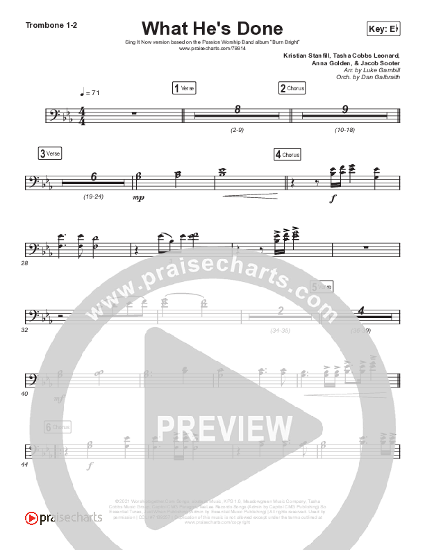 What He's Done (Sing It Now SATB) Trombone 1/2 (Passion / Kristian Stanfill / Tasha Cobbs Leonard / Anna Golden / Arr. Luke Gambill)