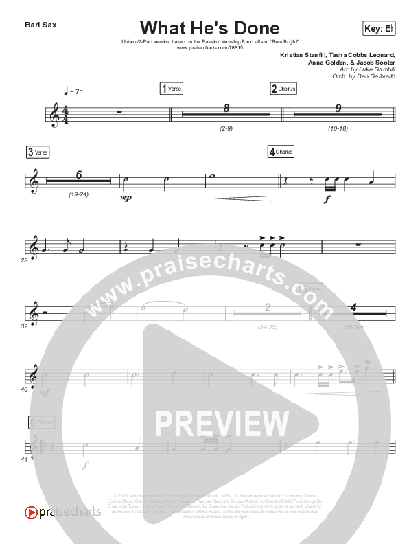 What He's Done (Unison/2-Part Choir) Bari Sax (Passion / Kristian Stanfill / Tasha Cobbs Leonard / Anna Golden / Arr. Luke Gambill)