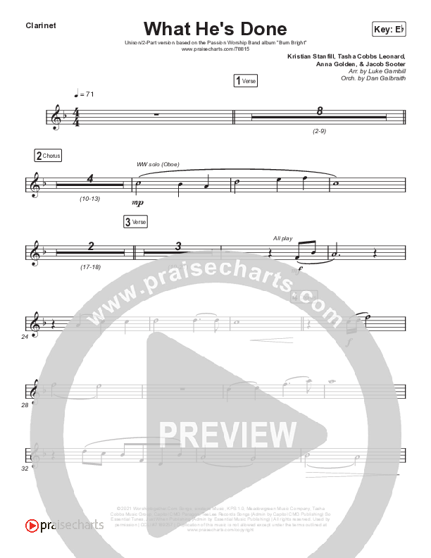 What He's Done (Unison/2-Part Choir) Clarinet (Passion / Kristian Stanfill / Tasha Cobbs Leonard / Anna Golden / Arr. Luke Gambill)