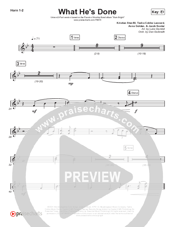 What He's Done (Unison/2-Part Choir) French Horn 1/2 (Passion / Kristian Stanfill / Tasha Cobbs Leonard / Anna Golden / Arr. Luke Gambill)