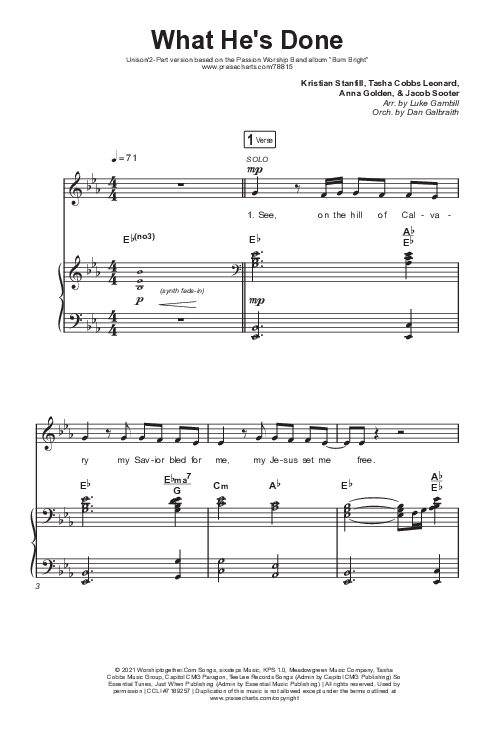 What He's Done (Unison/2-Part Choir) Octavo (Uni/2-Part & Pno) (Passion / Kristian Stanfill / Tasha Cobbs Leonard / Anna Golden / Arr. Luke Gambill)