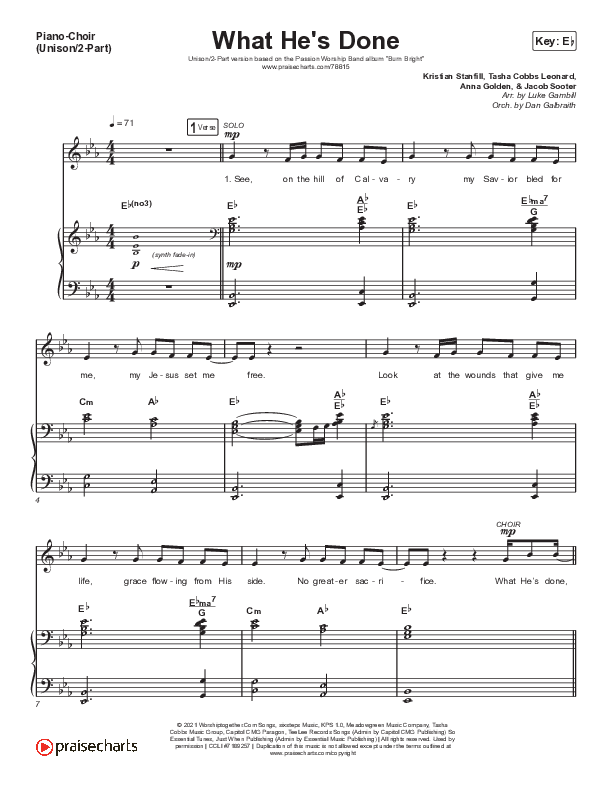 What He's Done (Unison/2-Part Choir) Piano/Choir  (Uni/2-Part) (Passion / Kristian Stanfill / Tasha Cobbs Leonard / Anna Golden / Arr. Luke Gambill)