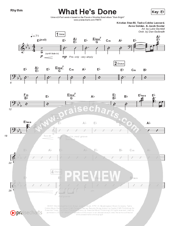 What He's Done (Unison/2-Part Choir) Rhythm Chart (Passion / Kristian Stanfill / Tasha Cobbs Leonard / Anna Golden / Arr. Luke Gambill)