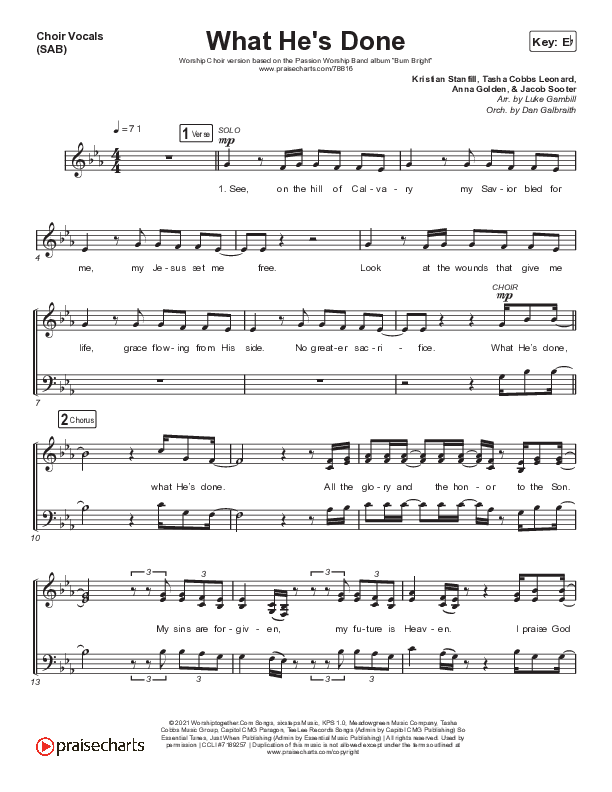 What He's Done (Worship Choir SAB) Choir Sheet (SAB) (Passion / Kristian Stanfill / Tasha Cobbs Leonard / Anna Golden / Arr. Luke Gambill)