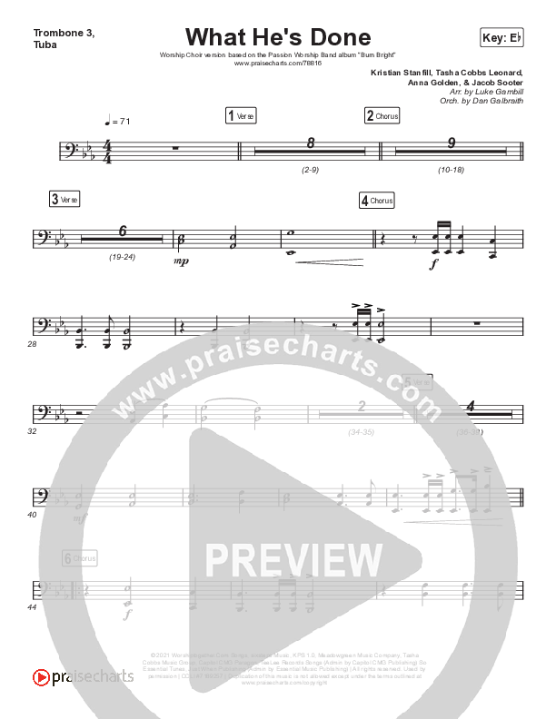 What He's Done (Worship Choir SAB) Trombone 3/Tuba (Passion / Kristian Stanfill / Tasha Cobbs Leonard / Anna Golden / Arr. Luke Gambill)