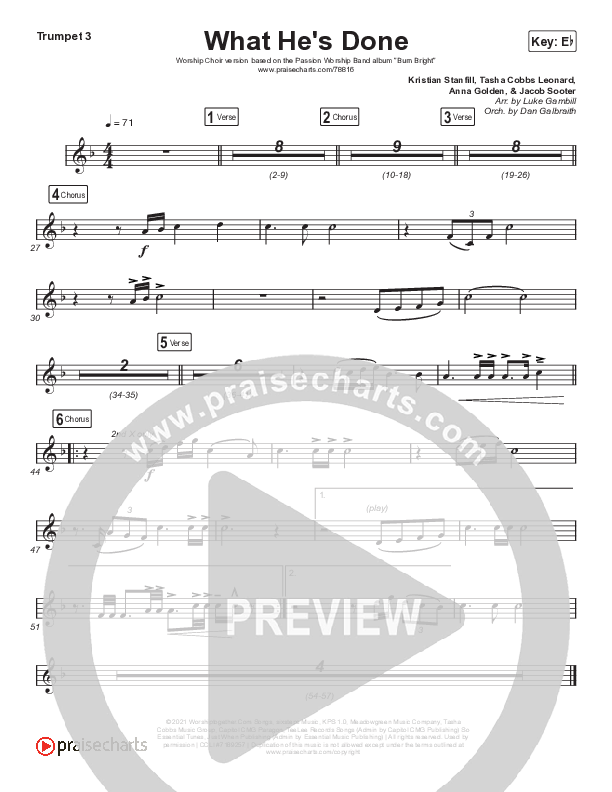 What He's Done (Worship Choir SAB) Trumpet 3 (Passion / Kristian Stanfill / Tasha Cobbs Leonard / Anna Golden / Arr. Luke Gambill)