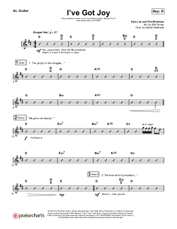 I've Got Joy (Choral Anthem SATB) Acoustic Guitar (CeCe Winans / Arr. Erik Foster)