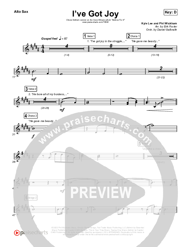I've Got Joy (Choral Anthem SATB) Sax Pack (CeCe Winans / Arr. Erik Foster)