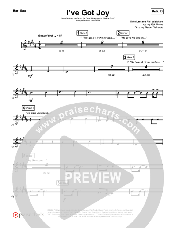 I've Got Joy (Choral Anthem SATB) Bari Sax (CeCe Winans / Arr. Erik Foster)