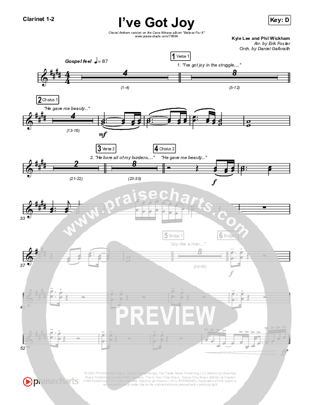 I've Got Joy (Choral Anthem SATB) Clarinet 1,2 (CeCe Winans / Arr. Erik Foster)