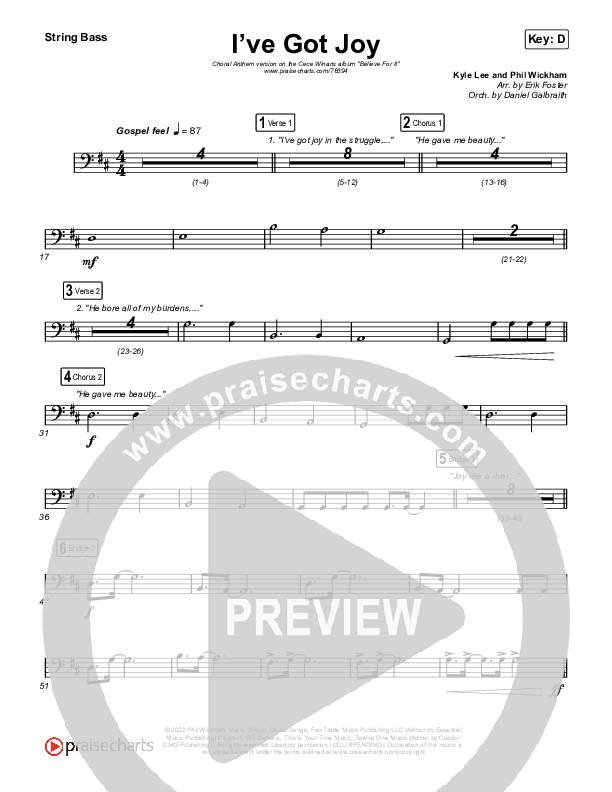 I've Got Joy (Choral Anthem SATB) String Bass (CeCe Winans / Arr. Erik Foster)