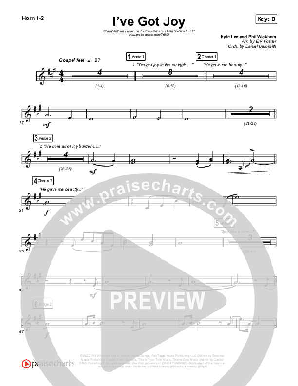 I've Got Joy (Choral Anthem SATB) French Horn 1,2 (CeCe Winans / Arr. Erik Foster)